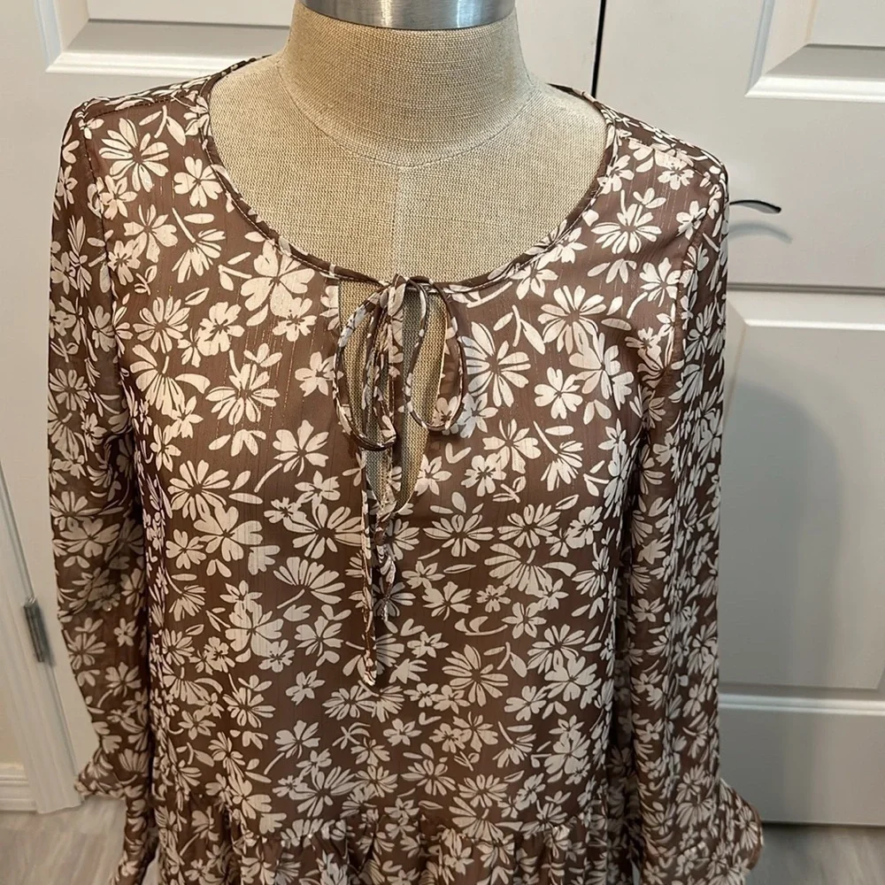 PEACH LOVE CALIFORNIA BOHO FLORAL SHIMMER THREADED DRESS GUC SZ M VERSATILE - Picture 2 of 12